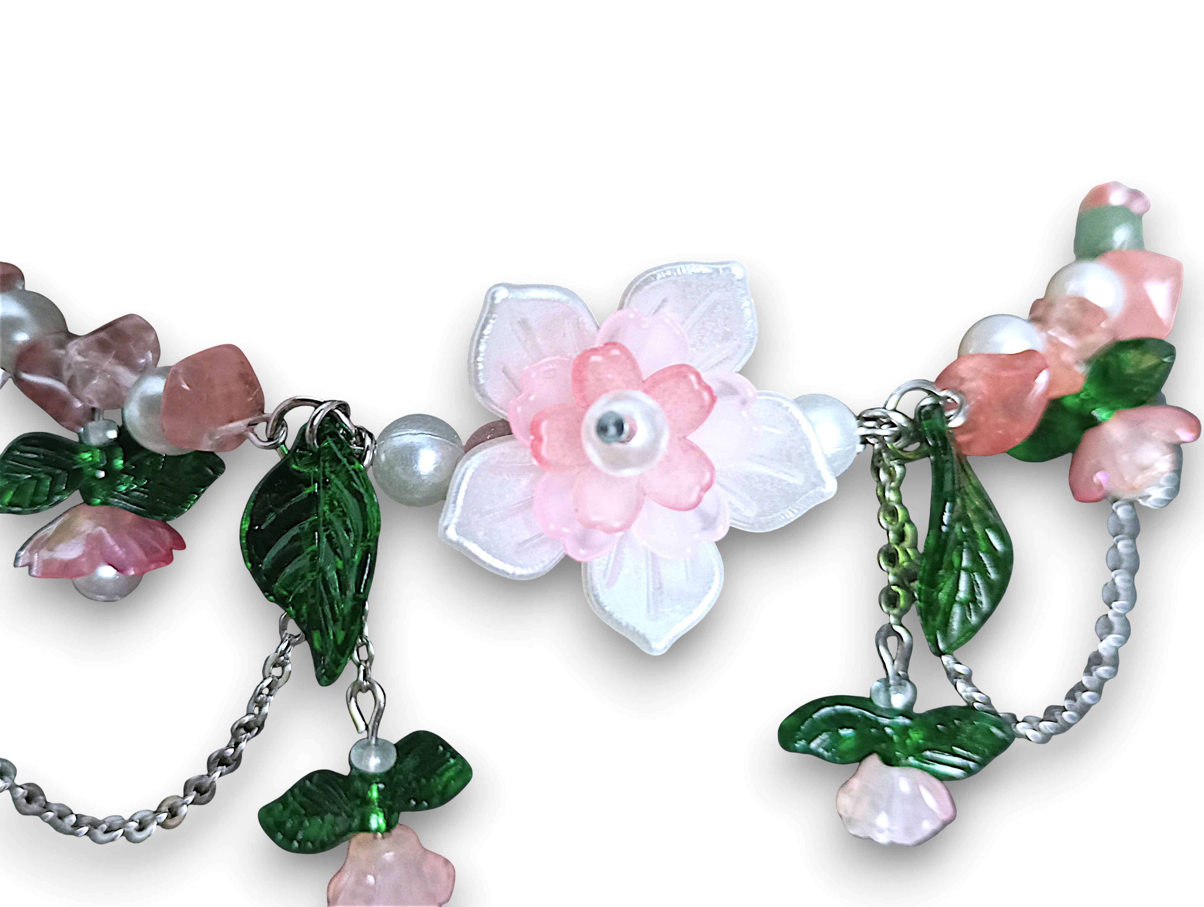 NÁHRDELNÍK "Blush Petal Enchantment" Chirurgická ocel - Růžový obsidián, zelený Avanturín