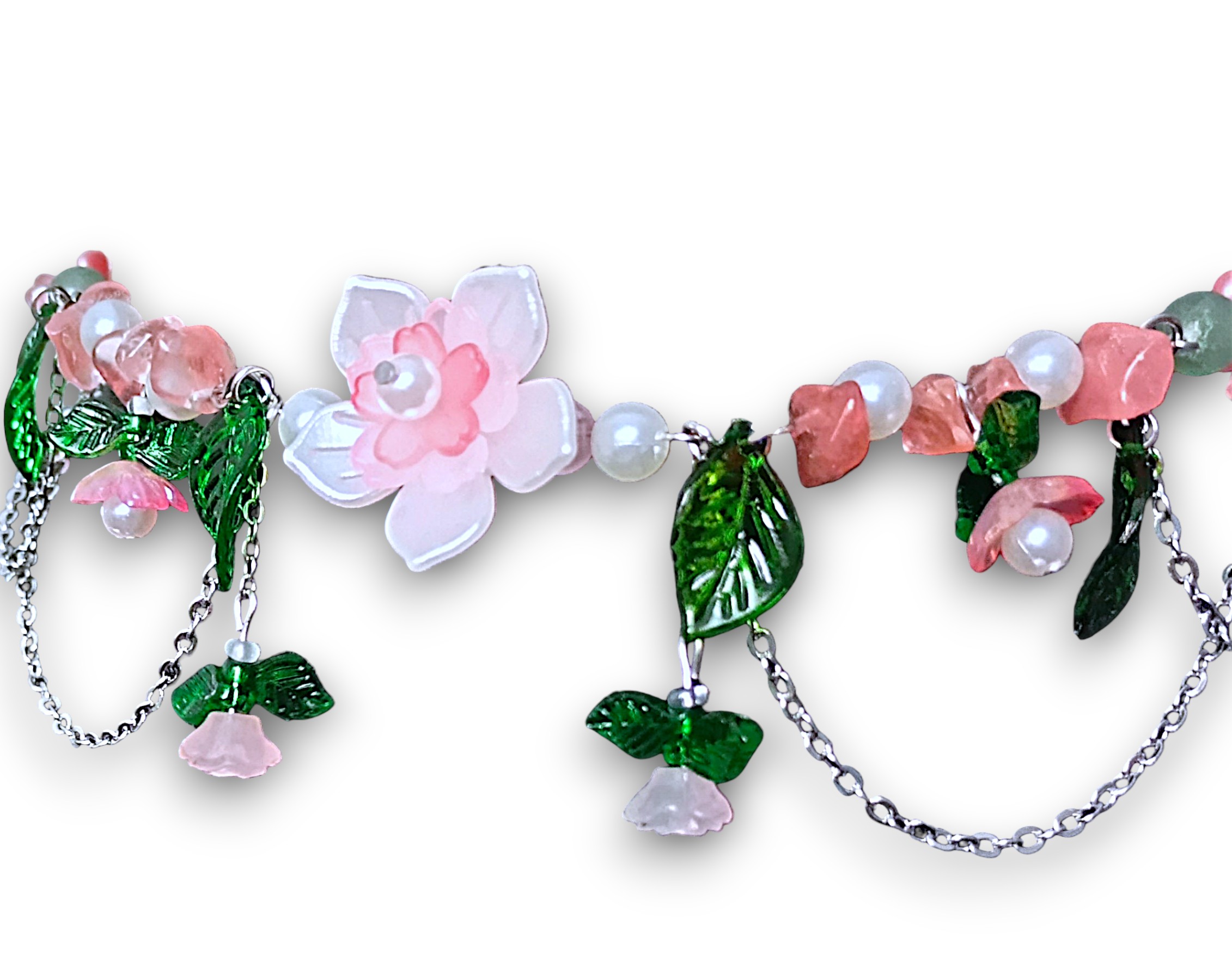 NÁHRDELNÍK "Blush Petal Enchantment" Chirurgická ocel - Růžový obsidián, zelený Avanturín